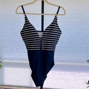 La Blanca Navy Stripe Nautical One Piece Swimsuit Size 10 Vacation Travel Cruise